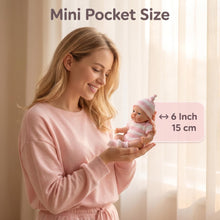 Carica l'immagine nel visualizzatore di Gallery, 6" Mini Pocket Silicone Baby Doll | Ultra Soft Realistic Face | Striped Knit Outfit with Beanie & Socks | Portable Reborn Gift