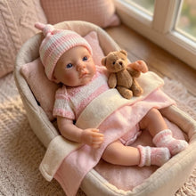 Carica l'immagine nel visualizzatore di Gallery, 6" Mini Pocket Silicone Baby Doll | Ultra Soft Realistic Face | Striped Knit Outfit with Beanie & Socks | Portable Reborn Gift