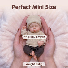Laden Sie das Bild in den Galerie-Viewer, 6" Sleeping Silicone Baby Doll | 150g Solid Platinum Silicone | Realistic Closed-Eyes Reborn | Mini Pocket Pal with Knit Sweater Outfit