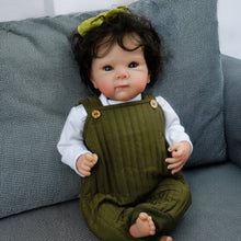 Load image into Gallery viewer, 18 Inch Cloth Doll Bettie: Rooted Brown Curly Hair, Green Overalls & Vintage Charm