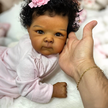 Carica l'immagine nel visualizzatore di Gallery, Bettie 18" African American Cloth Body Doll - Hand-Rooted Jet-Black Curls + Blush Pink Floral Print Footed Set & Bonnet | Deep Skin Tone