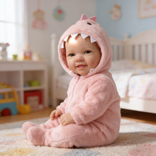 Carica l'immagine nel visualizzatore di Gallery, 17" Hand-Painted Cloth Body Baby Doll with Teeth in Pink Plush Dinosaur Footie - Realistic Customizable Newborn Doll (Bag Packaging)