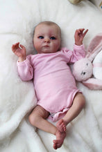 Cargar imagen en el visor de la galería, Hand-Painted Head Reborn Baby Doll 16 inch 40cm with Blue Eyes, Blonde Hair, Pink Long-Sleeve Romper, Cloth Body & Full Limbs