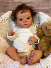 画像をギャラリービューアに読み込む, Bettie 18-Inch Realistic Reborn Baby Doll Gift Set with Open Blue Eyes - Lifelike Black Curly Hair, Vinyl Head & Limbs, Magnetic Pacifier, Bottle & Birth Certificate Included