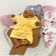 画像をギャラリービューアに読み込む, 20-Inch Realistic Black Reborn Baby Girl Doll | Full Vinyl Sleeping Newborn with Curly Black Hair & Yellow Sleep Gown | Lifelike Skin Touch, Poseable Limbs, Eyes Closed