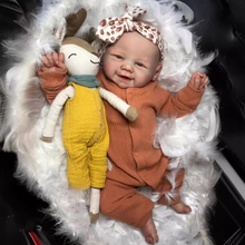 Load image into Gallery viewer, Vivienne 19-Inch Realistic Reborn Baby Doll Rooted Brown Curly Hair, Blue Eyes, Sweet Smile Gift Set For Kids with Outfit, Pacifier & Bottle