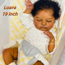 Carica l'immagine nel visualizzatore di Gallery, Laura 19 inch African American Reborn Doll - Cloth Body, Rooted Black Curly Hair & White Footed Onesie | Full Limbs, Deep Skin Tone