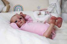 Cargar imagen en el visor de la galería, Hand-Painted Head Reborn Baby Doll 16 inch 40cm with Blue Eyes, Blonde Hair, Pink Long-Sleeve Romper, Cloth Body & Full Limbs