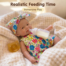 Load image into Gallery viewer, 8" Realistic Silicone Baby Doll with Openable Mouth | Platinum Silicone Squishy Touch | Includes Milk Bottle & Pacifier | Colorful Floral Outfit | Immersive Role-Play Gift