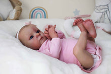 Cargar imagen en el visor de la galería, Hand-Painted Head Reborn Baby Doll 16 inch 40cm with Blue Eyes, Blonde Hair, Pink Long-Sleeve Romper, Cloth Body & Full Limbs