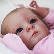 Cargar imagen en el visor de la galería, Hand-Painted Head Reborn Baby Doll 16 inch 40cm with Blue Eyes, Blonde Hair, Pink Long-Sleeve Romper, Cloth Body & Full Limbs