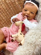 Загрузить изображение в средство просмотра галереи, 20 Inch Charlie Brown Skin Doll - Hand-Painted Curly Hair, Sparkling Blue Glass Eyes No Eyelashes in Pink Polka Dot Overalls Set, Soft Cloth Body & HD Blush