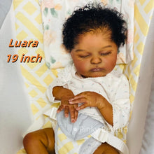 Carica l'immagine nel visualizzatore di Gallery, Laura 19 inch African American Reborn Doll - Cloth Body, Rooted Black Curly Hair & White Footed Onesie | Full Limbs, Deep Skin Tone
