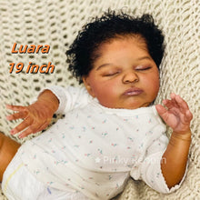 Carica l'immagine nel visualizzatore di Gallery, Laura 19 inch African American Reborn Doll - Cloth Body, Rooted Black Curly Hair & White Footed Onesie | Full Limbs, Deep Skin Tone