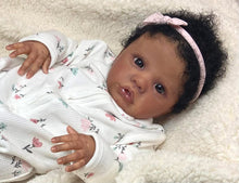 Load image into Gallery viewer, 19 Inch Lifelike Reborn Baby Doll Primrose Awake | 48cm Realistic Black Baby Doll with Curly Hair Soft Body Wearable White Print Zip Suit Christmas Gift for Kids Collectors
