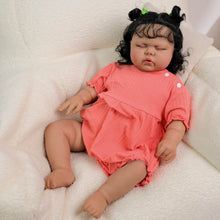Load image into Gallery viewer, Pickle 24 inch African American Reborn Doll - Cloth Body, Hand-Rooted Black Curly Hair & Rose Red Striped Cotton Dress | Realistic Brown Skin