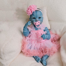 Carica l'immagine nel visualizzatore di Gallery, Bettie Avatar 18" Fantasy Vinyl Doll - Hand-Painted Blue Skin & Icy Blue Eyes | Pink Lace Bow-Dress + Floral Headband | Collector's Edition