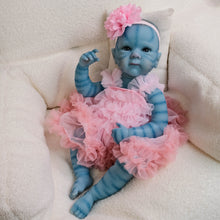 Carica l'immagine nel visualizzatore di Gallery, Bettie Avatar 18" Fantasy Vinyl Doll - Hand-Painted Blue Skin & Icy Blue Eyes | Pink Lace Bow-Dress + Floral Headband | Collector's Edition