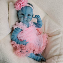 Carica l'immagine nel visualizzatore di Gallery, Bettie Avatar 18" Fantasy Vinyl Doll - Hand-Painted Blue Skin & Icy Blue Eyes | Pink Lace Bow-Dress + Floral Headband | Collector's Edition