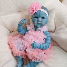 Carica l'immagine nel visualizzatore di Gallery, Bettie Avatar 18" Fantasy Vinyl Doll - Hand-Painted Blue Skin & Icy Blue Eyes | Pink Lace Bow-Dress + Floral Headband | Collector's Edition