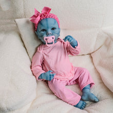 Carica l'immagine nel visualizzatore di Gallery, Bettie Avatar 18" Fantasy Vinyl Doll - Hand-Painted Blue Skin & Icy Blue Eyes | Pink Lace Bow-Dress + Floral Headband | Collector's Edition