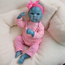 Carica l'immagine nel visualizzatore di Gallery, Bettie Avatar 18" Fantasy Vinyl Doll - Hand-Painted Blue Skin & Icy Blue Eyes | Pink Lace Bow-Dress + Floral Headband | Collector's Edition