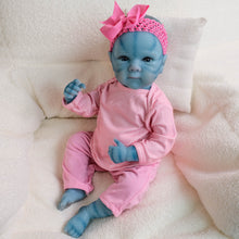 Carica l'immagine nel visualizzatore di Gallery, Bettie Avatar 18" Fantasy Vinyl Doll - Hand-Painted Blue Skin & Icy Blue Eyes | Pink Lace Bow-Dress + Floral Headband | Collector's Edition