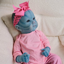 Carica l'immagine nel visualizzatore di Gallery, Bettie Avatar 18" Fantasy Vinyl Doll - Hand-Painted Blue Skin & Icy Blue Eyes | Pink Lace Bow-Dress + Floral Headband | Collector's Edition