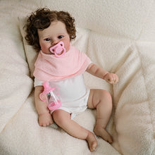 Cargar imagen en el visor de la galería, 20 Inch Realistic Newborn Baby Doll Xmas Gift Toy Rooted Brown Curls, Brown Eyes & Blush-Pink Bib Setfor Kids Age 3+