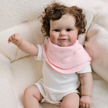 Cargar imagen en el visor de la galería, 20 Inch Realistic Newborn Baby Doll Xmas Gift Toy Rooted Brown Curls, Brown Eyes & Blush-Pink Bib Setfor Kids Age 3+