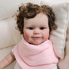 Cargar imagen en el visor de la galería, 20 Inch Realistic Newborn Baby Doll Xmas Gift Toy Rooted Brown Curls, Brown Eyes & Blush-Pink Bib Setfor Kids Age 3+