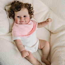 Cargar imagen en el visor de la galería, 20 Inch Realistic Newborn Baby Doll Xmas Gift Toy Rooted Brown Curls, Brown Eyes & Blush-Pink Bib Setfor Kids Age 3+