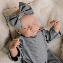Load image into Gallery viewer, 19 Inch Light Skinned Reborn Baby Doll Levi - Hand-Painted Hair, Vintage Floral Headband, Grey Footed Sleeper Outfit