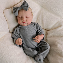 Load image into Gallery viewer, 19 Inch Light Skinned Reborn Baby Doll Levi - Hand-Painted Hair, Vintage Floral Headband, Grey Footed Sleeper Outfit