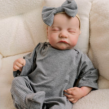 Load image into Gallery viewer, 19 Inch Light Skinned Reborn Baby Doll Levi - Hand-Painted Hair, Vintage Floral Headband, Grey Footed Sleeper Outfit