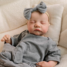 Load image into Gallery viewer, 19 Inch Light Skinned Reborn Baby Doll Levi - Hand-Painted Hair, Vintage Floral Headband, Grey Footed Sleeper Outfit
