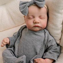 Load image into Gallery viewer, 19 Inch Light Skinned Reborn Baby Doll Levi - Hand-Painted Hair, Vintage Floral Headband, Grey Footed Sleeper Outfit