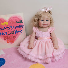 Cargar imagen en el visor de la galería, Pinky Reborn Baby Dolls Maddie 2025 New Collection 20 inch Implanted Blond Curly Hair Pink Flowers Skirt Blue Eyes