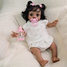 Cargar imagen en el visor de la galería, 16 Inch Dark Skin Cloth Doll Peeka - Implanted Black Curls, Brown Eyes & White Crochet Set