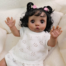 Cargar imagen en el visor de la galería, 16 Inch Dark Skin Cloth Doll Peeka - Implanted Black Curls, Brown Eyes & White Crochet Set