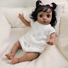 Cargar imagen en el visor de la galería, 16 Inch Dark Skin Cloth Doll Peeka - Implanted Black Curls, Brown Eyes & White Crochet Set