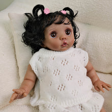 Cargar imagen en el visor de la galería, 16 Inch Dark Skin Cloth Doll Peeka - Implanted Black Curls, Brown Eyes & White Crochet Set