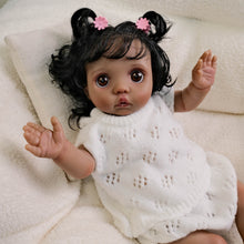 Cargar imagen en el visor de la galería, 16 Inch Dark Skin Cloth Doll Peeka - Implanted Black Curls, Brown Eyes & White Crochet Set