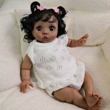 Cargar imagen en el visor de la galería, 16 Inch Dark Skin Cloth Doll Peeka - Implanted Black Curls, Brown Eyes & White Crochet Set