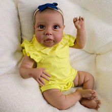 Загрузить изображение в средство просмотра галереи, Miley 19" Reborn Baby Doll with Cloth Body & Full Limbs | Hand-Painted Hair, Blue Eyes (Eyelash-Free) | Yellow Round-Neck Bubble Romper Outfit
