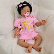 Carica l'immagine nel visualizzatore di Gallery, Dark Skin Reborn Toddler Doll with Black Curly Rooted Hair & Pink Gold Letter Romper - 19 Inch Cloth Body - Named August