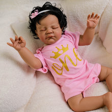 Carica l'immagine nel visualizzatore di Gallery, Dark Skin Reborn Toddler Doll with Black Curly Rooted Hair & Pink Gold Letter Romper - 19 Inch Cloth Body - Named August