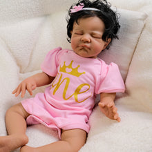 Carica l'immagine nel visualizzatore di Gallery, Dark Skin Reborn Toddler Doll with Black Curly Rooted Hair & Pink Gold Letter Romper - 19 Inch Cloth Body - Named August