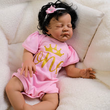 Carica l'immagine nel visualizzatore di Gallery, Dark Skin Reborn Toddler Doll with Black Curly Rooted Hair & Pink Gold Letter Romper - 19 Inch Cloth Body - Named August