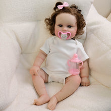 Cargar imagen en el visor de la galería, 20 Inch Realistic Newborn Baby Doll Xmas Gift Toy Rooted Brown Curls, Brown Eyes & Blush-Pink Bib Setfor Kids Age 3+